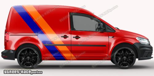 Orange & dark blue on a red car