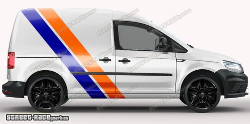 Orange & dark blue on a white car